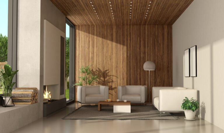 Minimalist living room of a modern villa with fireplace and white furniture - 3d rendering