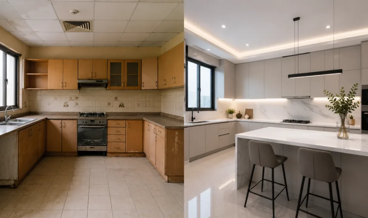 A before-and-after photo of a Dubai kitchen renovation