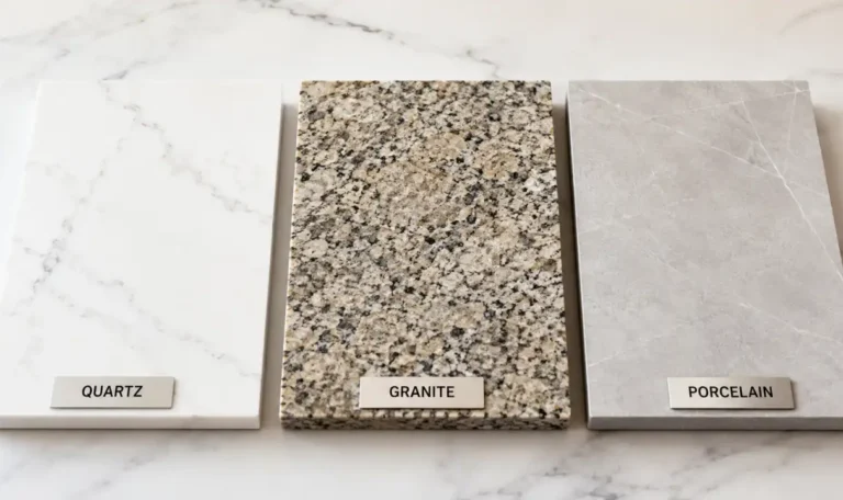 A comparison grid showing quartz vs granite vs porcelain countertop