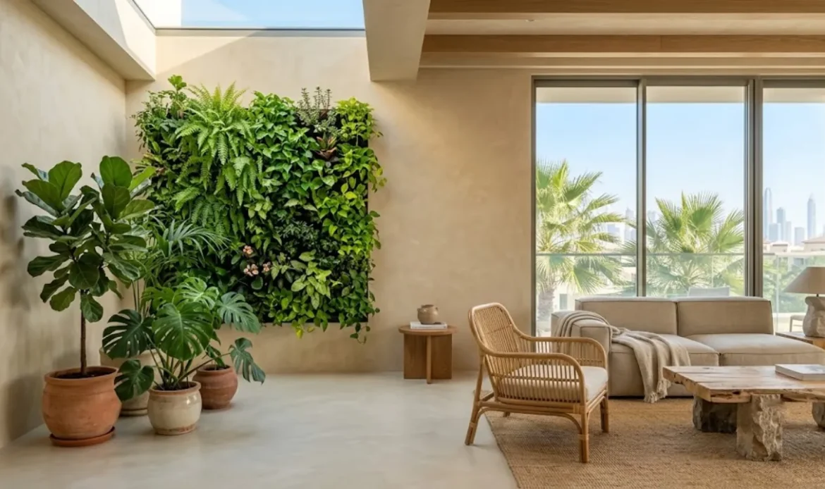Combination of planting wall in the living or reception area with limewash