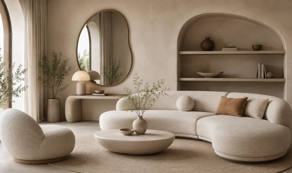 rounded anchor object such as an arched mirror, a rounded console, or a curved sectional