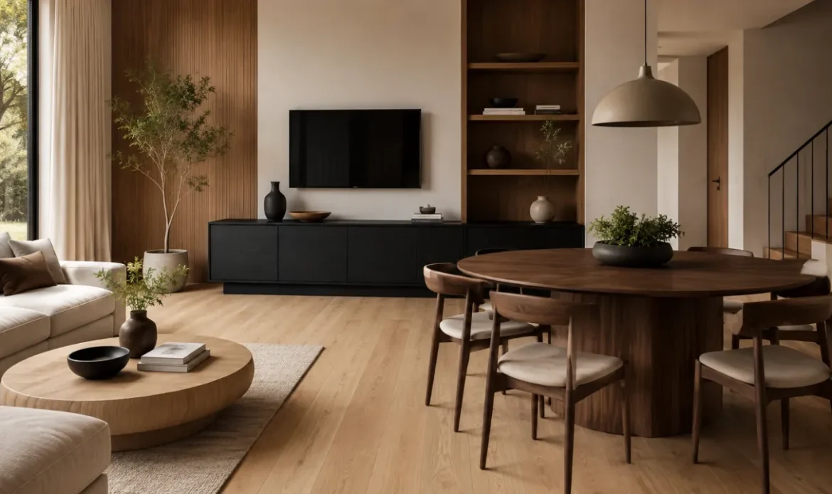 Combine light oak floors with a walnut dining table and black-stained media