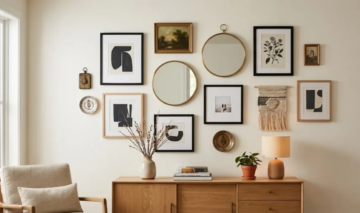 Display art, mirrors, and various items of different sizes on one wall