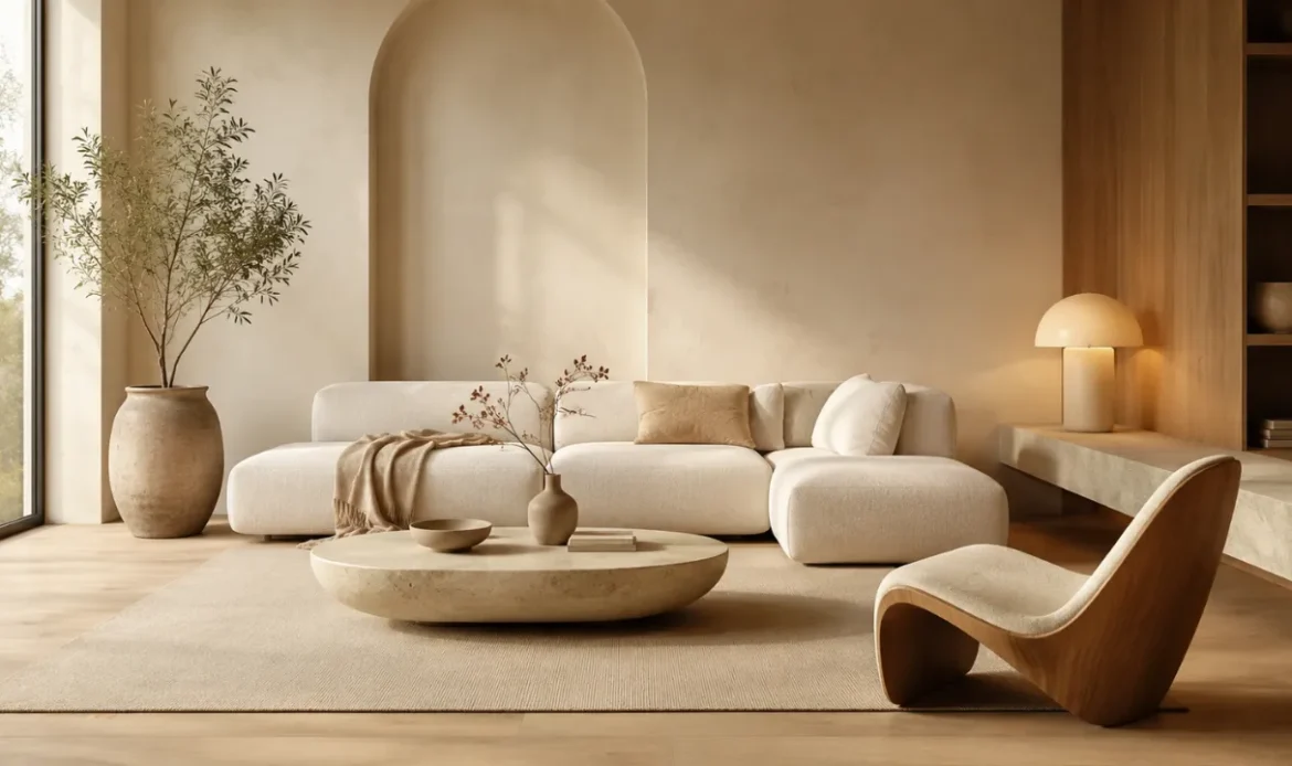 Warm timber flooring, off-white walls, linen textiles