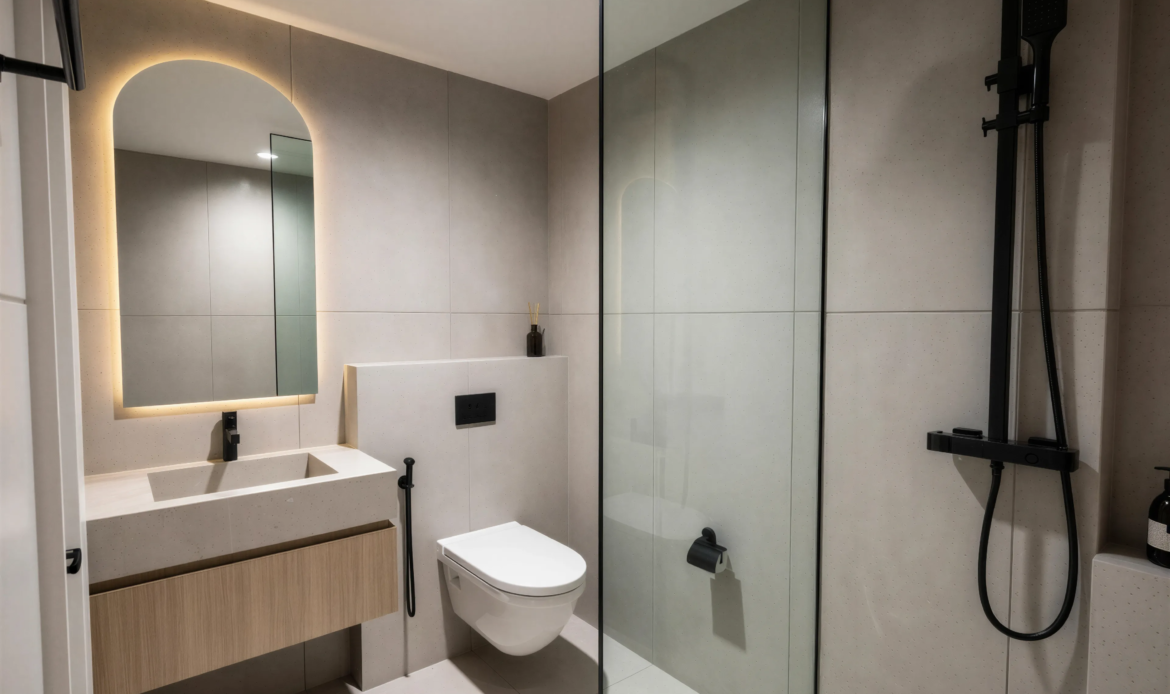 Master bathroom with freestanding bathtub, vanity, and contemporary fixtures