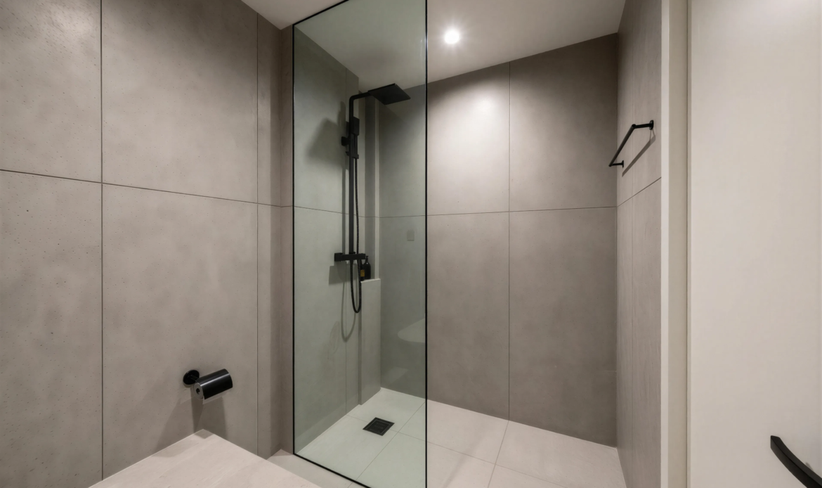 Close-up of modern tiled bathroom shower with glass enclosure