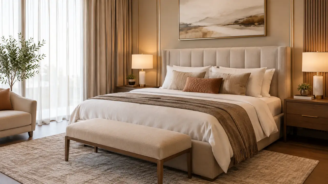 Warm and layered master bedroom interior design featuring an upholstered tufted headboard, neutral bedding, floor-to-ceiling curtains, and wooden nightstands