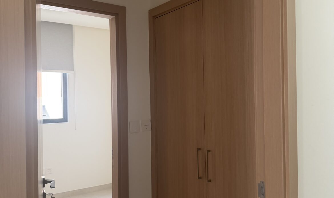 Interior hallway with a wooden door and contemporary wall finish