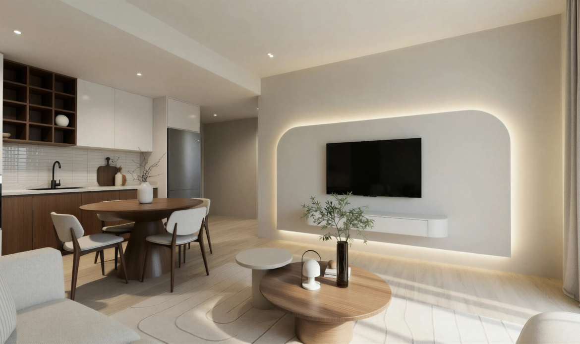 Open-plan living and dining room with modern furniture and TV wall