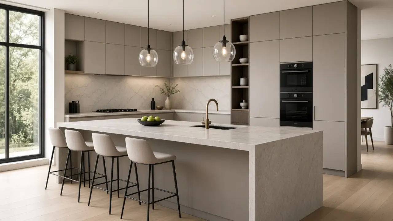 Island kitchen design with matte cabinetry in a Dubai home