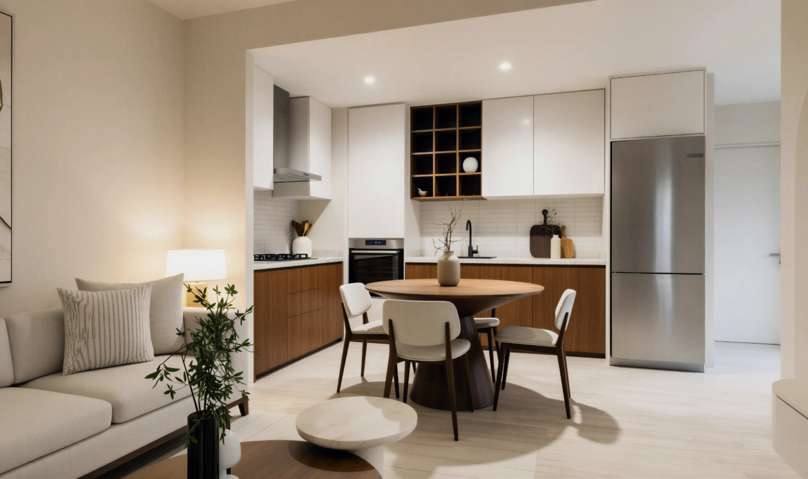 Modern kitchen with dining table, white cabinets, wood-effect units, and appliances