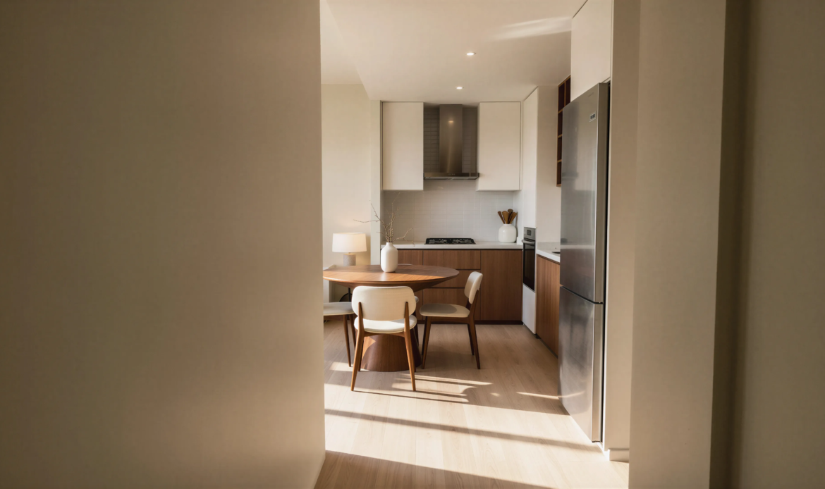 Open-plan kitchen with modern cabinets, dining table, and built-in appliances
