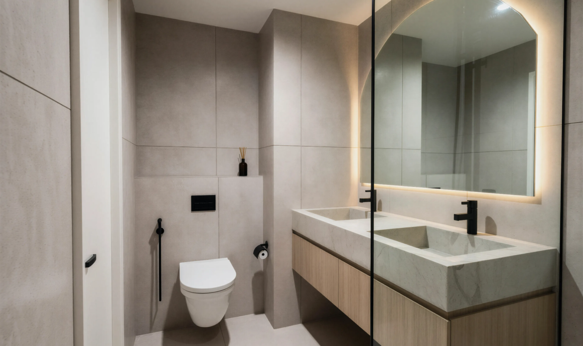 Master bathroom with vanity, illuminated mirror, toilet, and tiled walls