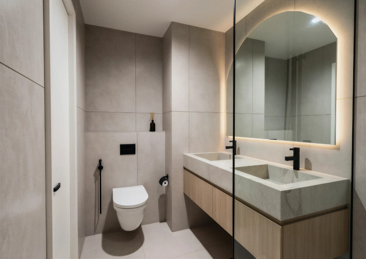 Master bathroom with freestanding bathtub, vanity, and contemporary fixtures