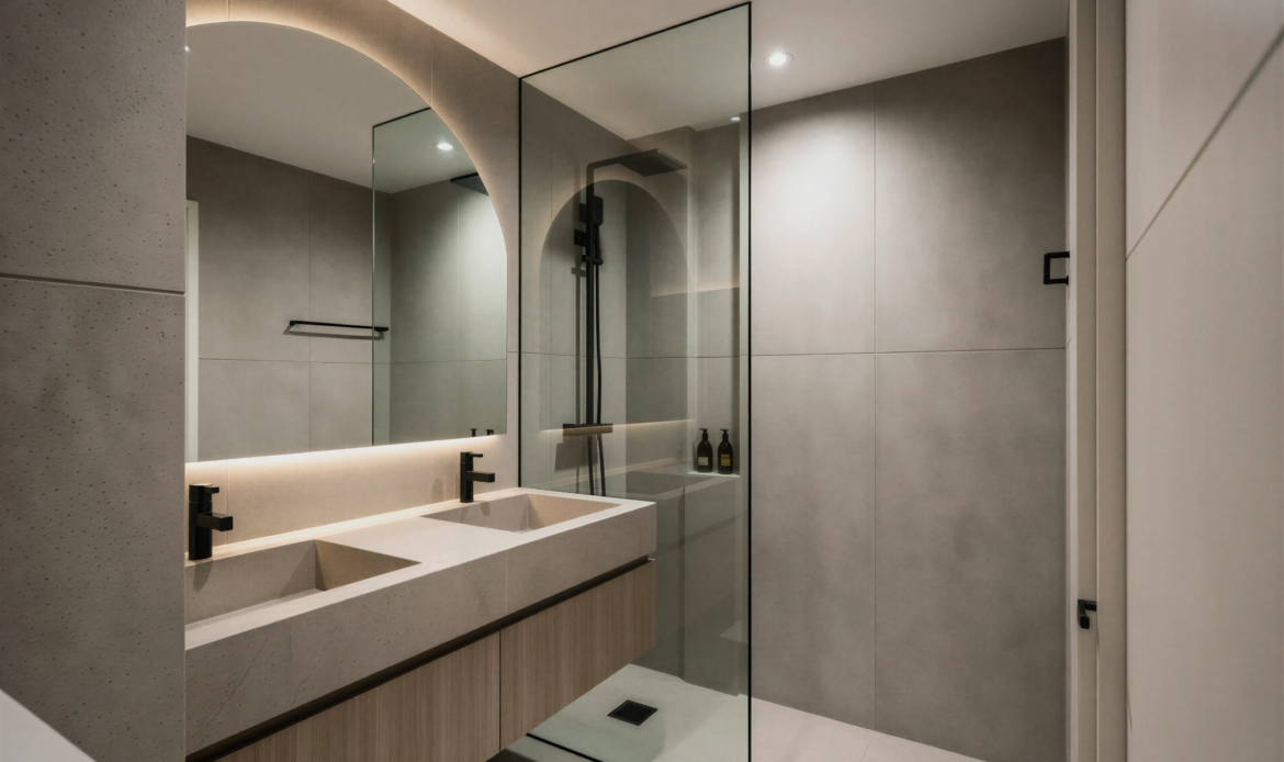 Modern bathroom with vanity, illuminated mirror, toilet, and glass shower