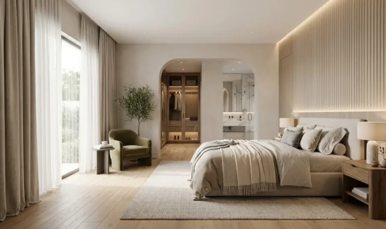Master Bedroom Design Ideas:
Design the bed wall as a feature.
Plan a walk-in dressing room.
Add a sitting area.
Use layered curtains.
Hide the TV.
