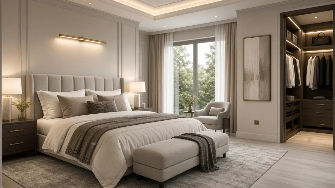 Master bedroom design with custom built-in wardrobe