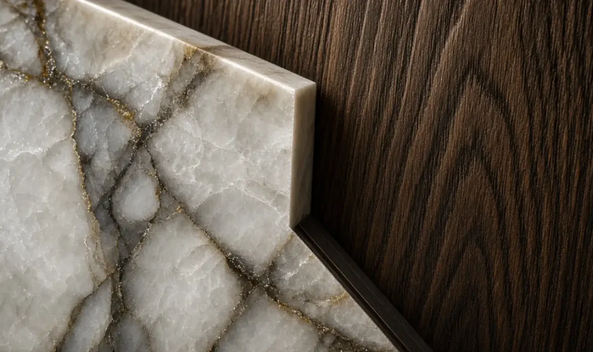 Natural stone and textured wood finishes in a Dubai home interior