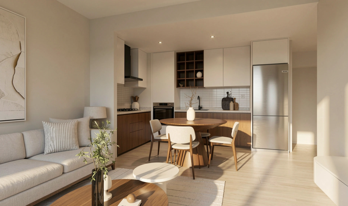 Open-plan living and kitchen with dining table, modern cabinetry, and seating