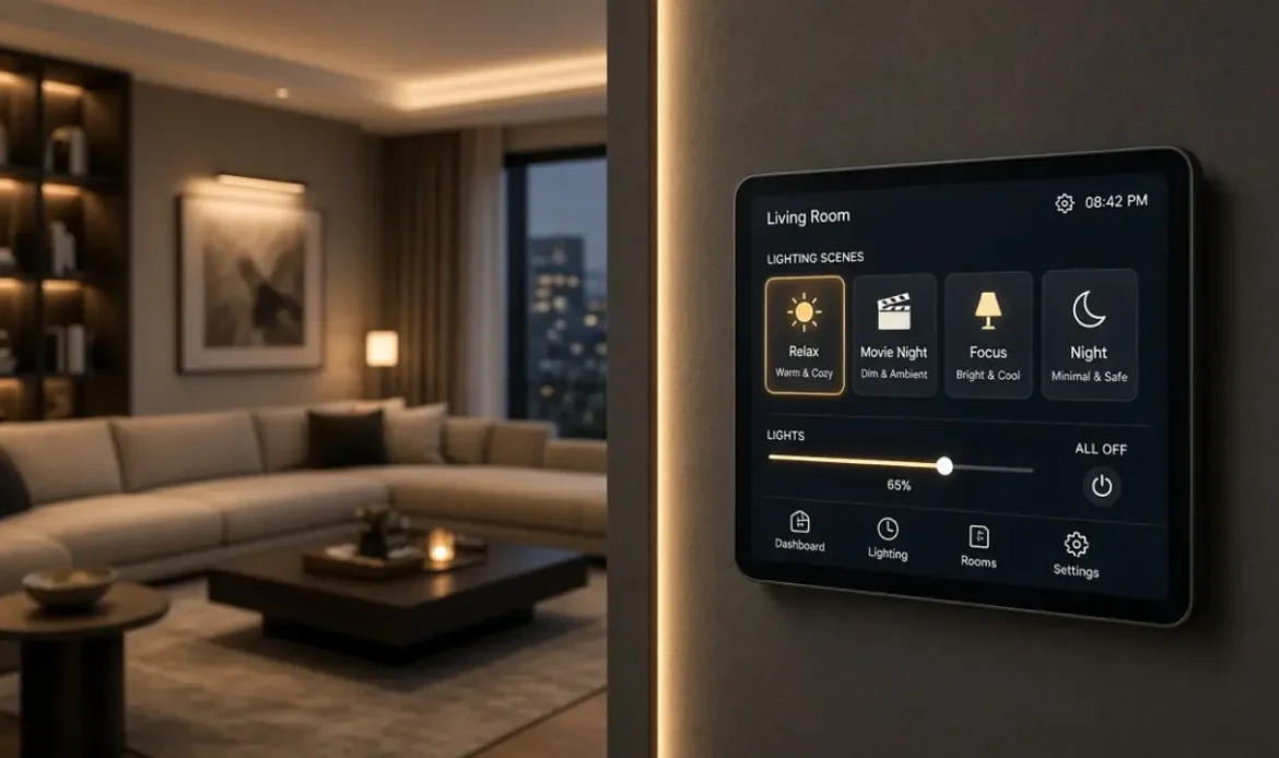 Smart home lighting control in a Dubai residential interior