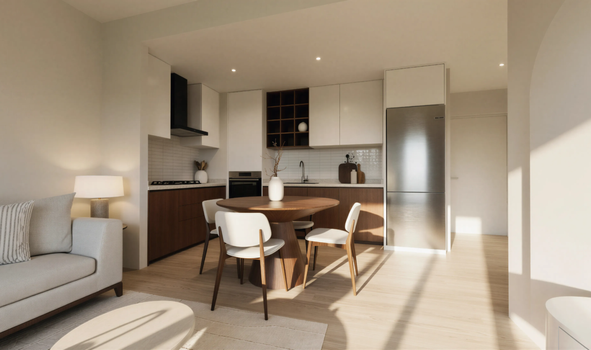 Open-plan kitchen with modern cabinets, dining table, and built-in appliances