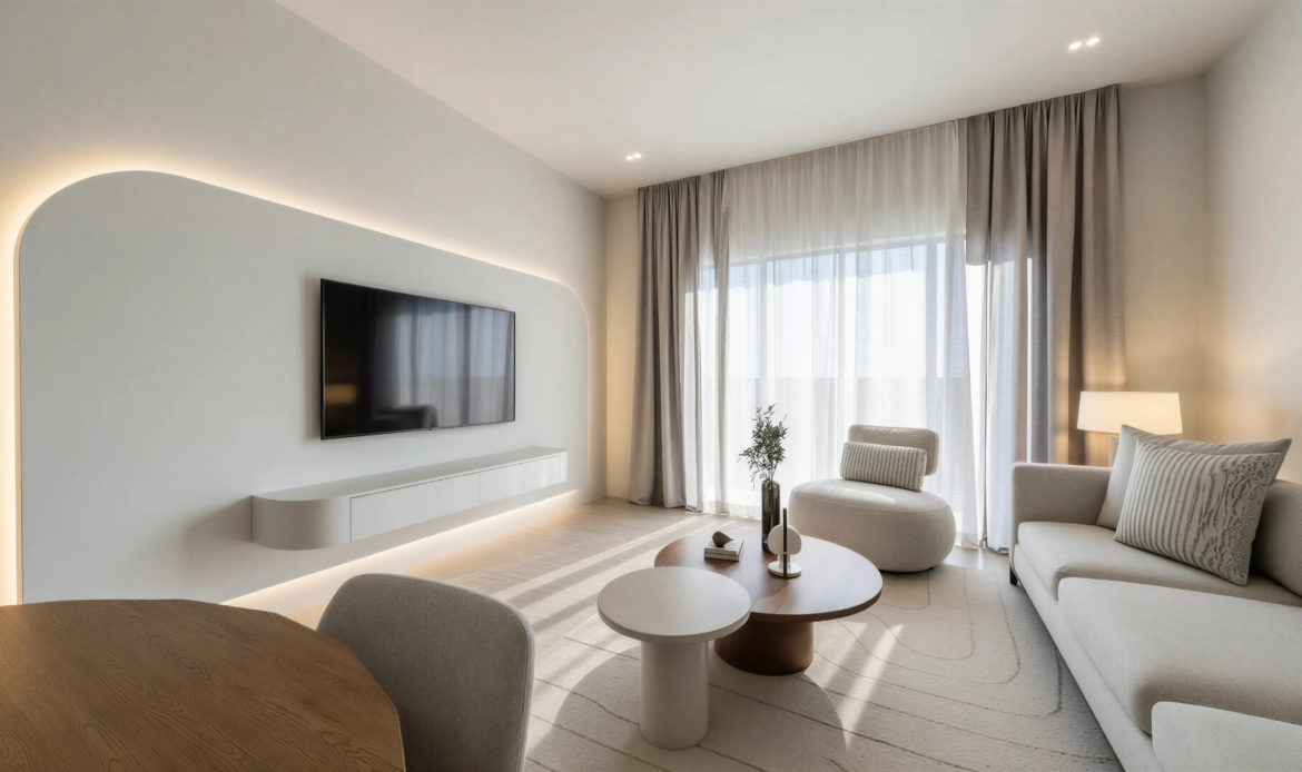 Bright modern living room with wall-mounted TV, sofa, round coffee table, and large windows