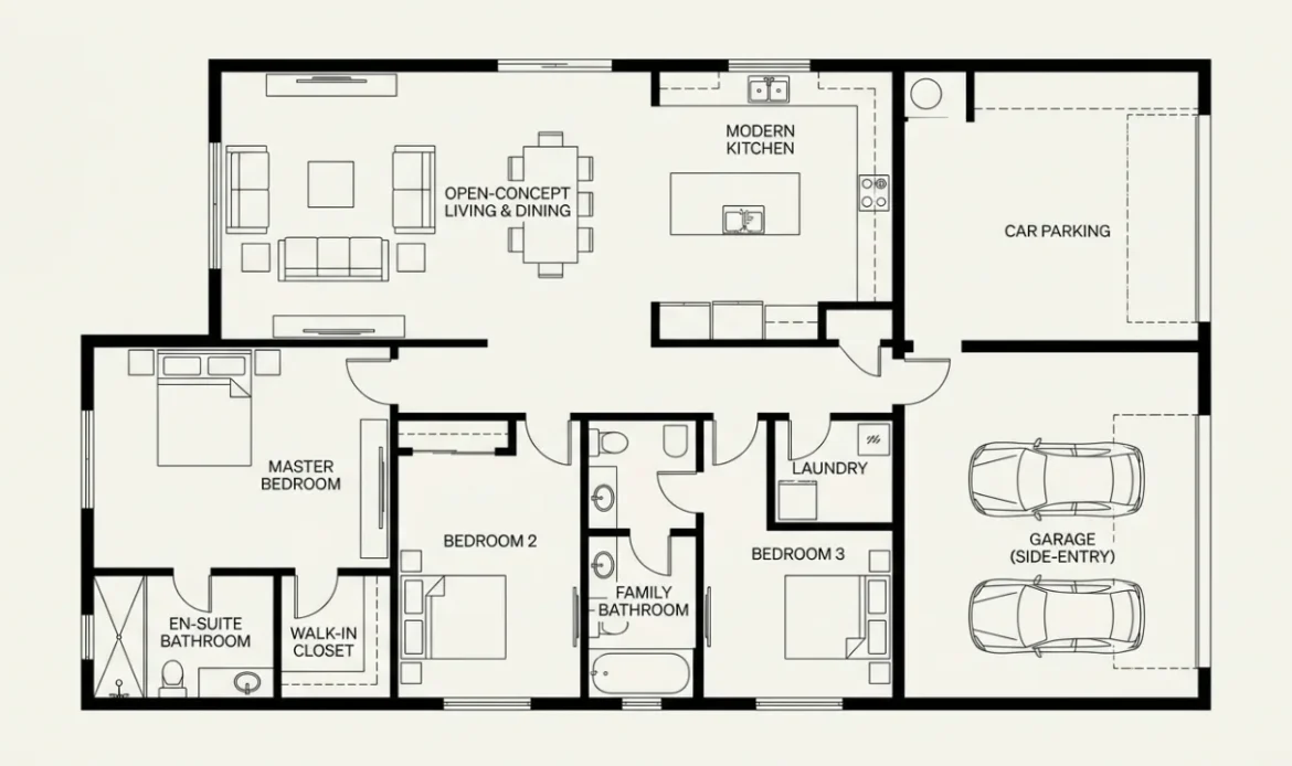 a plan view of a three bedroom villa with a side-entry garage, labelled with room names