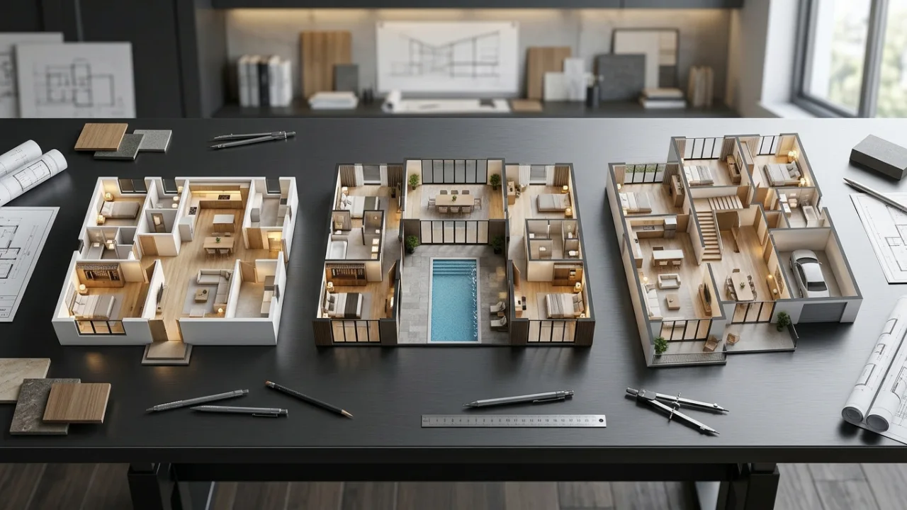 three small floor-plan sketches side by side a compact one-storey, a split-bedroom villa, and a two-storey plan